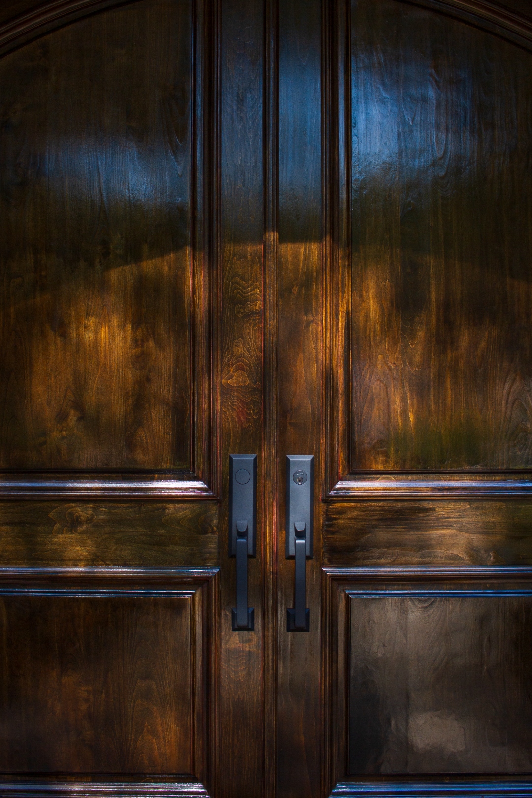 Richly lit walnut double doors with dramatic lighting