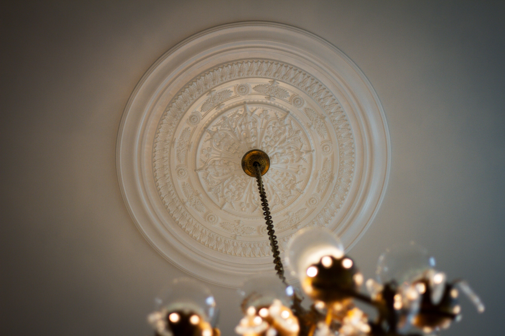 Ornate ceiling medallion with chandelier, looking up