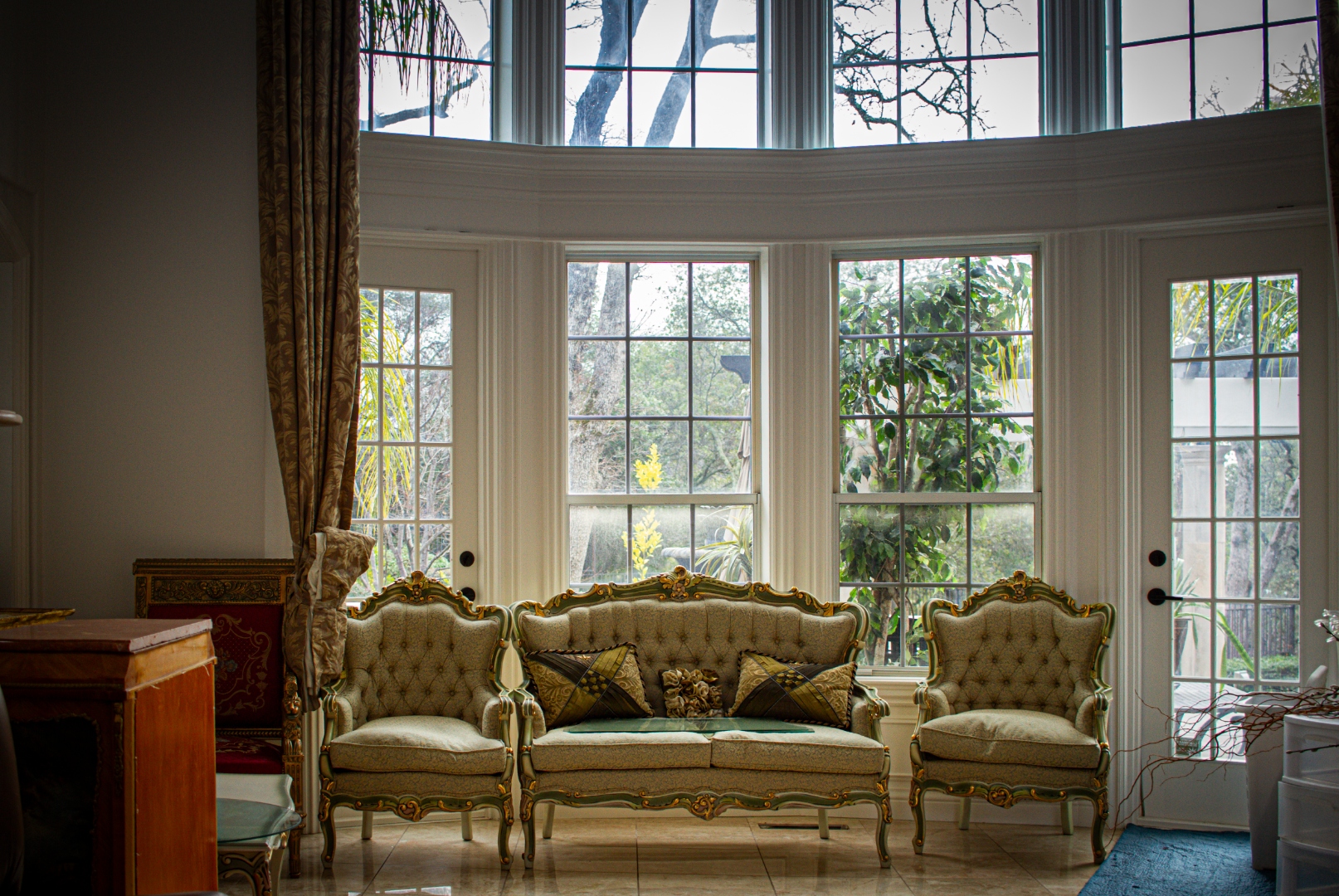 Luxury living room with floor-to-ceiling circular windows