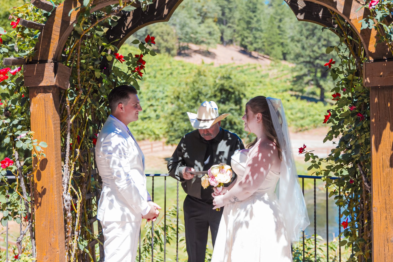 Outdoor wedding ceremony under a rose arbor with vineyard rows in the background