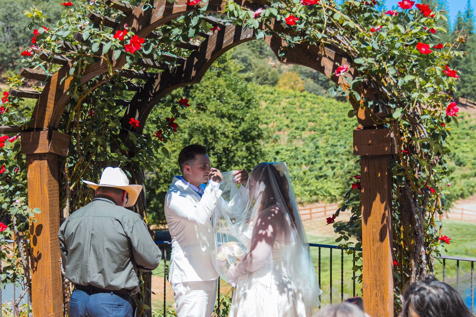Groom slides the ring onto the bride's finger during a vineyard ceremony